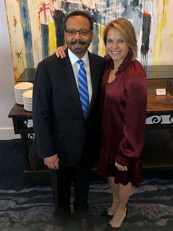 From January 2020 in Los Angeles at the Stand Up To Cancer Summit. Dr. Roderic Pettigrew and cofounder and first woman TV news anchor, Katie Couric.