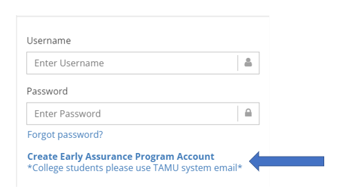 Screenshot of the login screen. The "Create Early Assurance Program Account" link is located underneath the Password field.