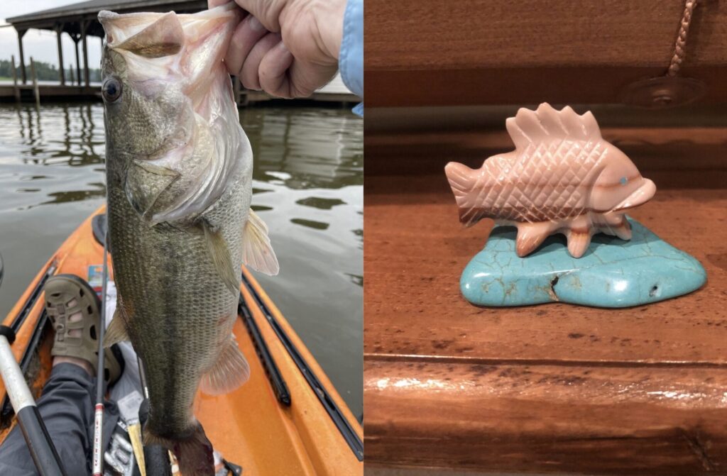 Freshly-caught fish and picture of a small Zuni fish fetish