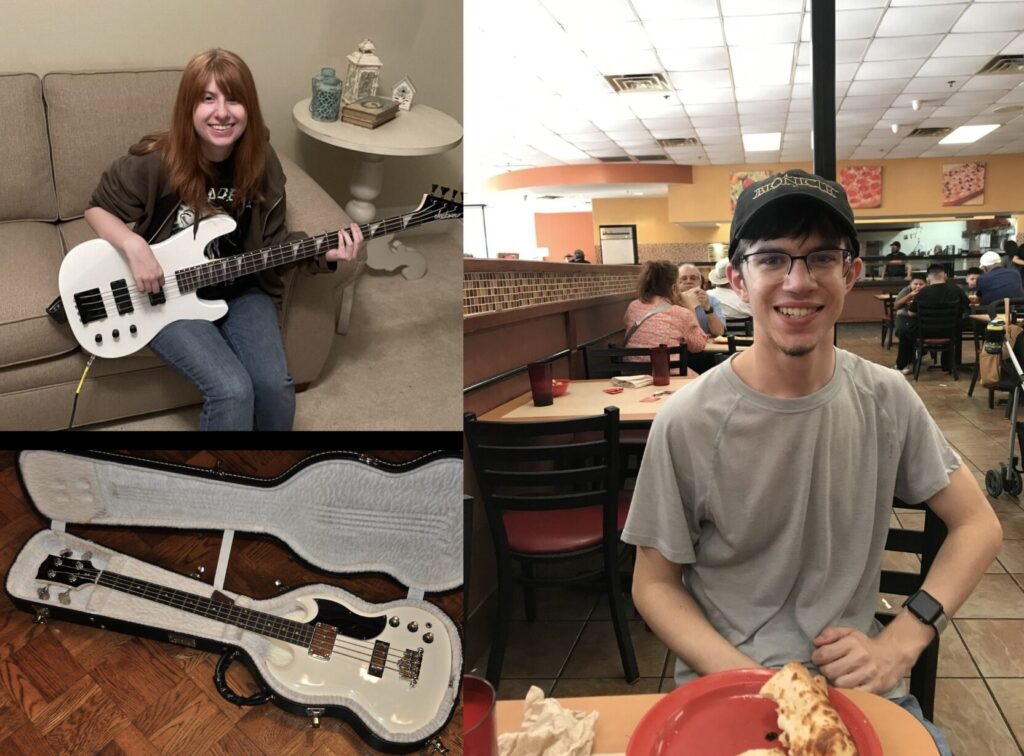 Collage of guitar, Emily Gibson playing guitar and Jake Gibson